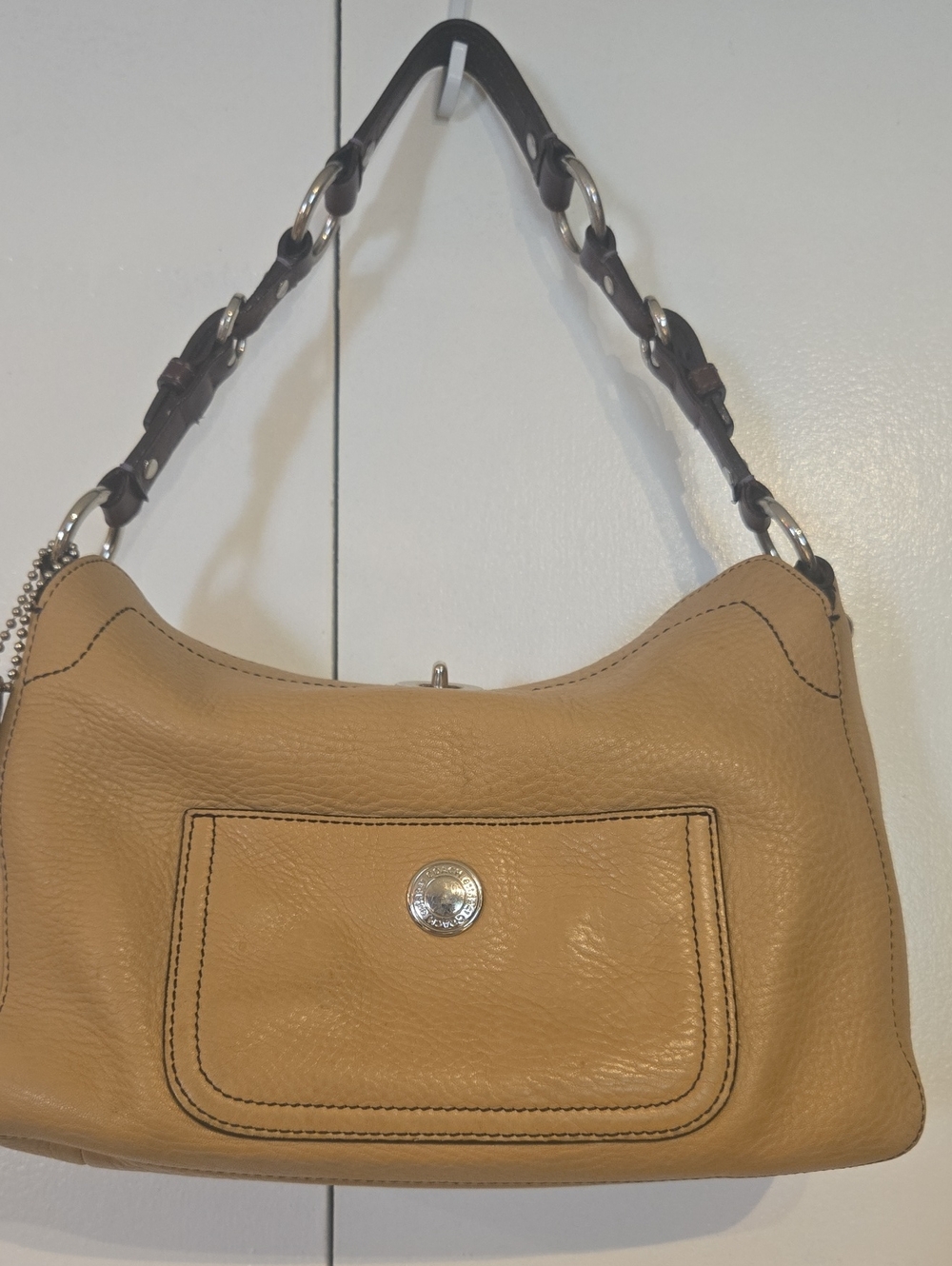 Coach Leather Shoulder Bag in Tan with Chain-Detail Strap.